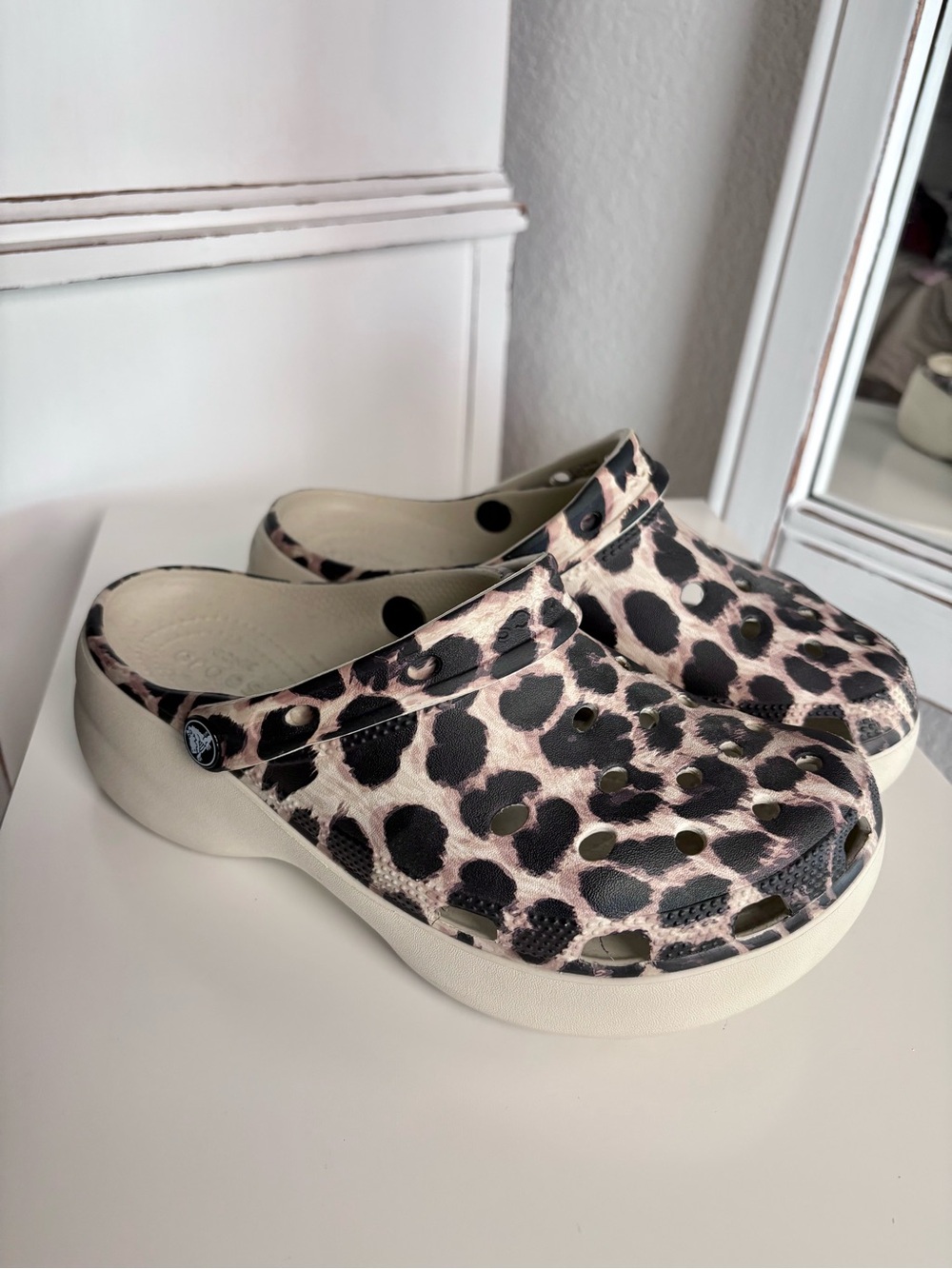 CROCS Platform Leopard Print Clogs in Black and Tan